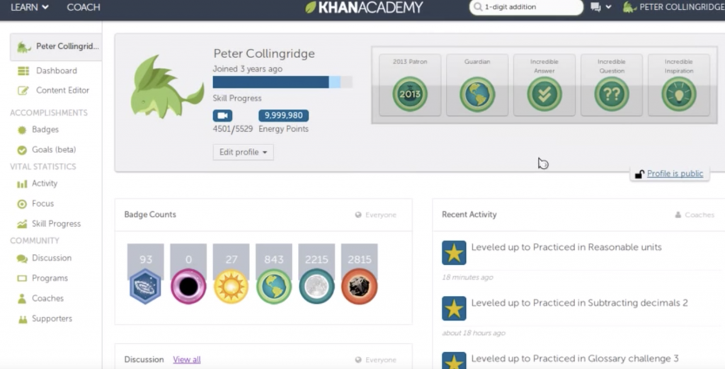 Khan Academy gamification badges screen - Upshot.ai